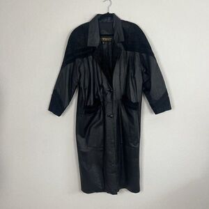 Vintage Fitz Wright 80s Womens Black Leather Trench Coat Suede Accents Duster M